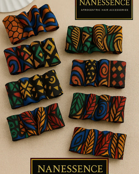 Afrocentric patterned hair accessories in vibrant colors with geometric and leaf motifs