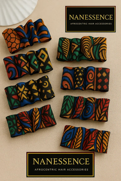 Afrocentric patterned hair accessories in vibrant colors with geometric and leaf motifs