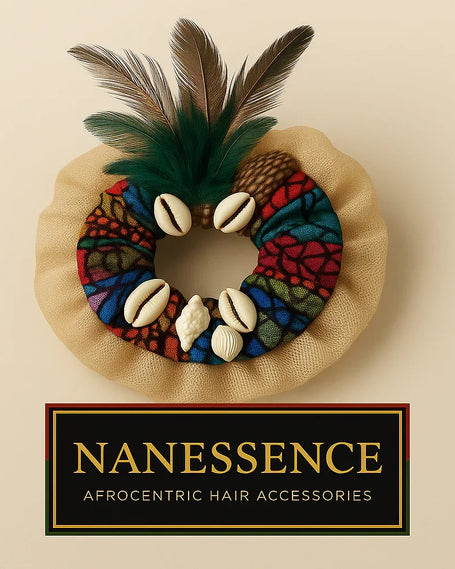 Afrocentric hair accessory with colorful fabric, shells, and feathers on beige background.