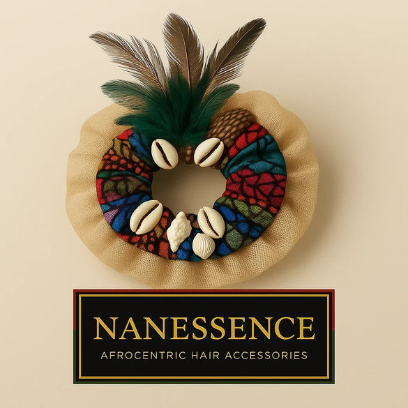 Afrocentric hair accessory with colorful fabric, shells, and feathers on beige background.