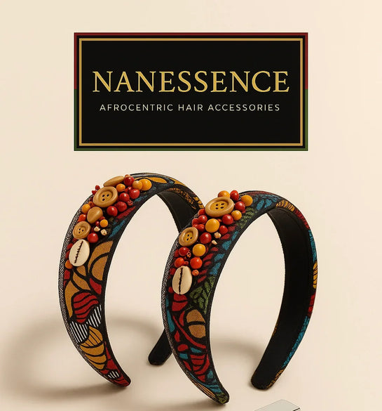Colorful afrocentric headbands with beads, buttons, cowrie shells on patterned fabric