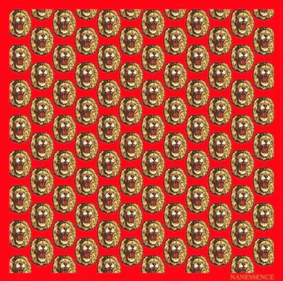 Bold red fabric with repeating roaring lion head pattern, Afrocentric fashion accessory.