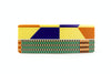 Colorful Afrocentric clutch purse with geometric patterns in yellow, blue, orange, and green