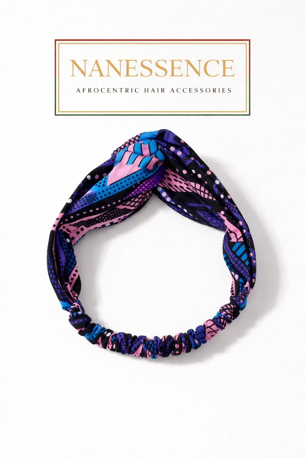Afrocentric headband with vibrant blue, purple, and pink patterns on a white background