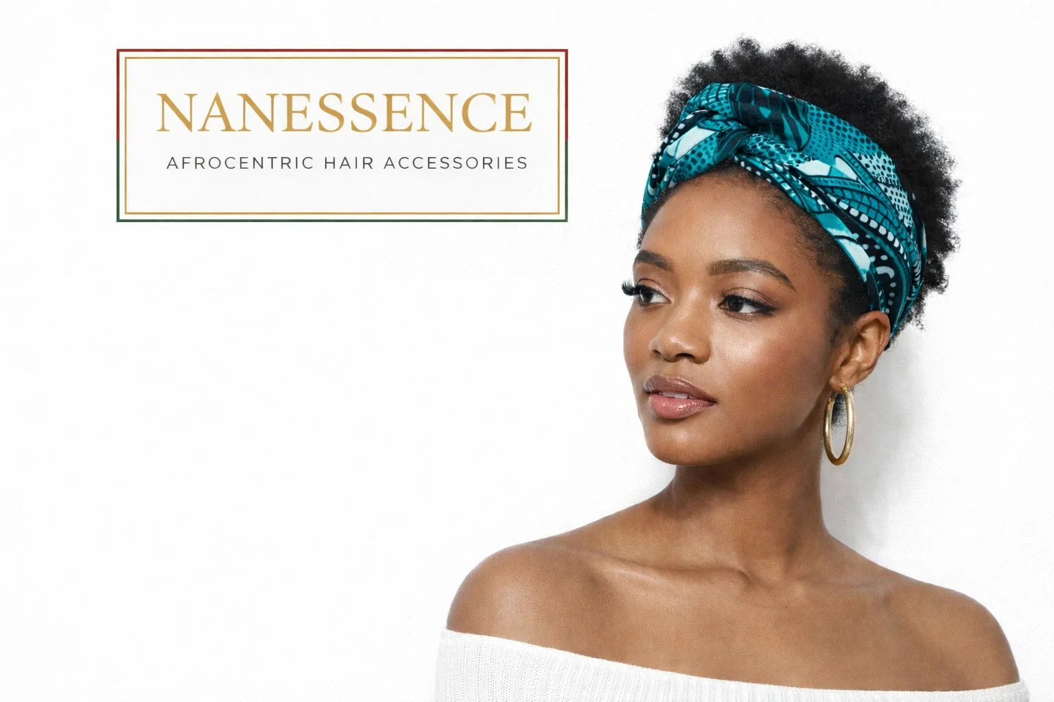 Woman wearing Afrocentric turquoise patterned headwrap and hoop earrings, elegant style