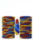 Stacked Afrocentric bangles with red, yellow, brown, and blue patterns on white background