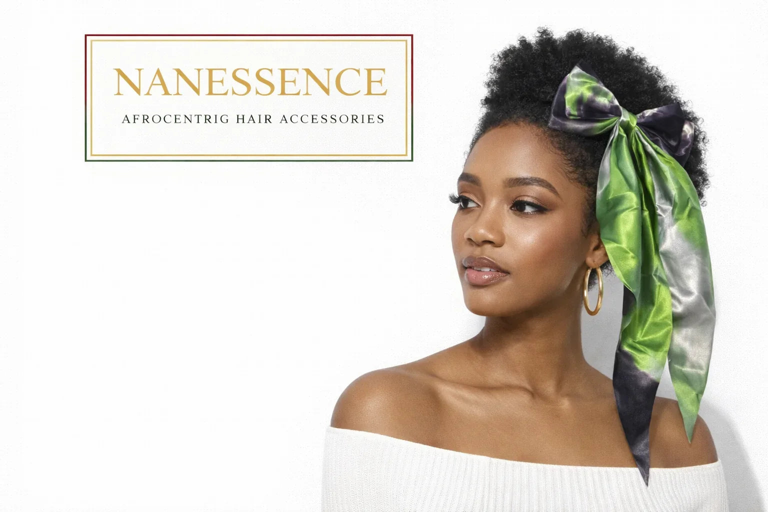 Woman with natural hair wearing bold green Afrocentric satin hairbow accessory