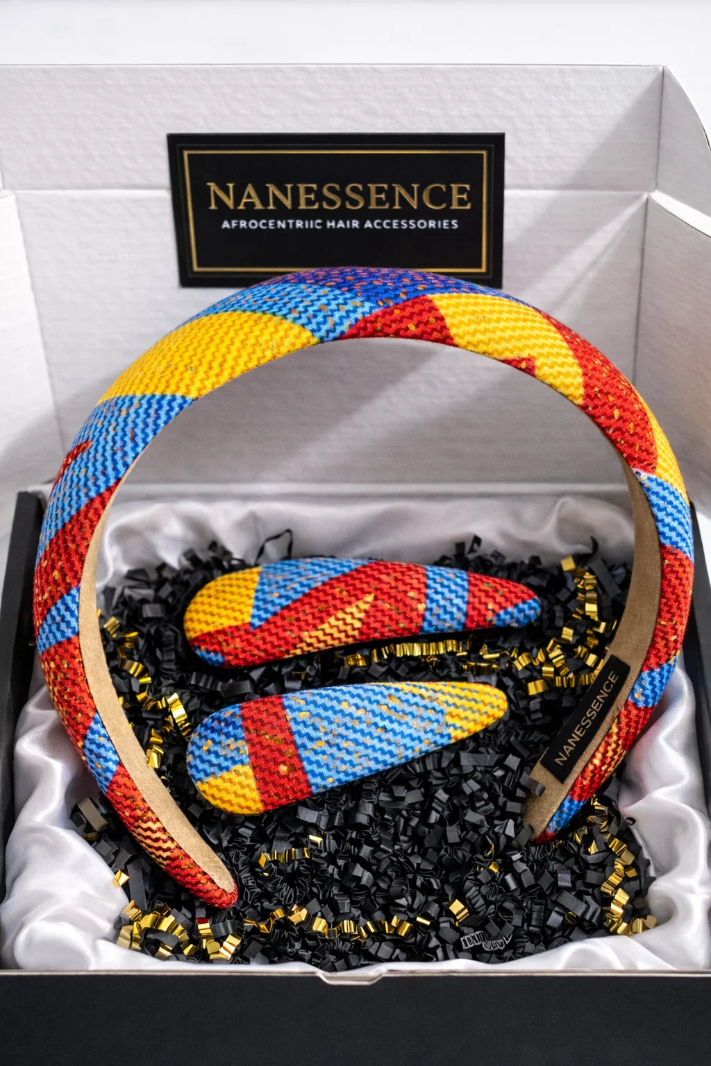 Colorful beaded Afrocentric headband and hair clips gift set in decorative box
