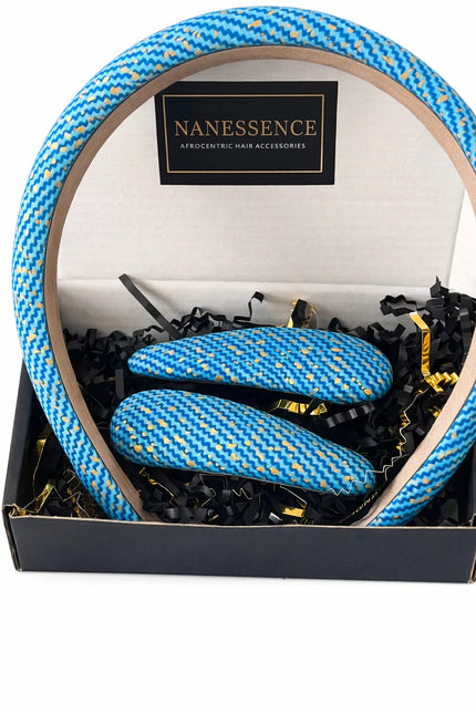 Blue and yellow patterned Afrocentric hair accessories set in gift box