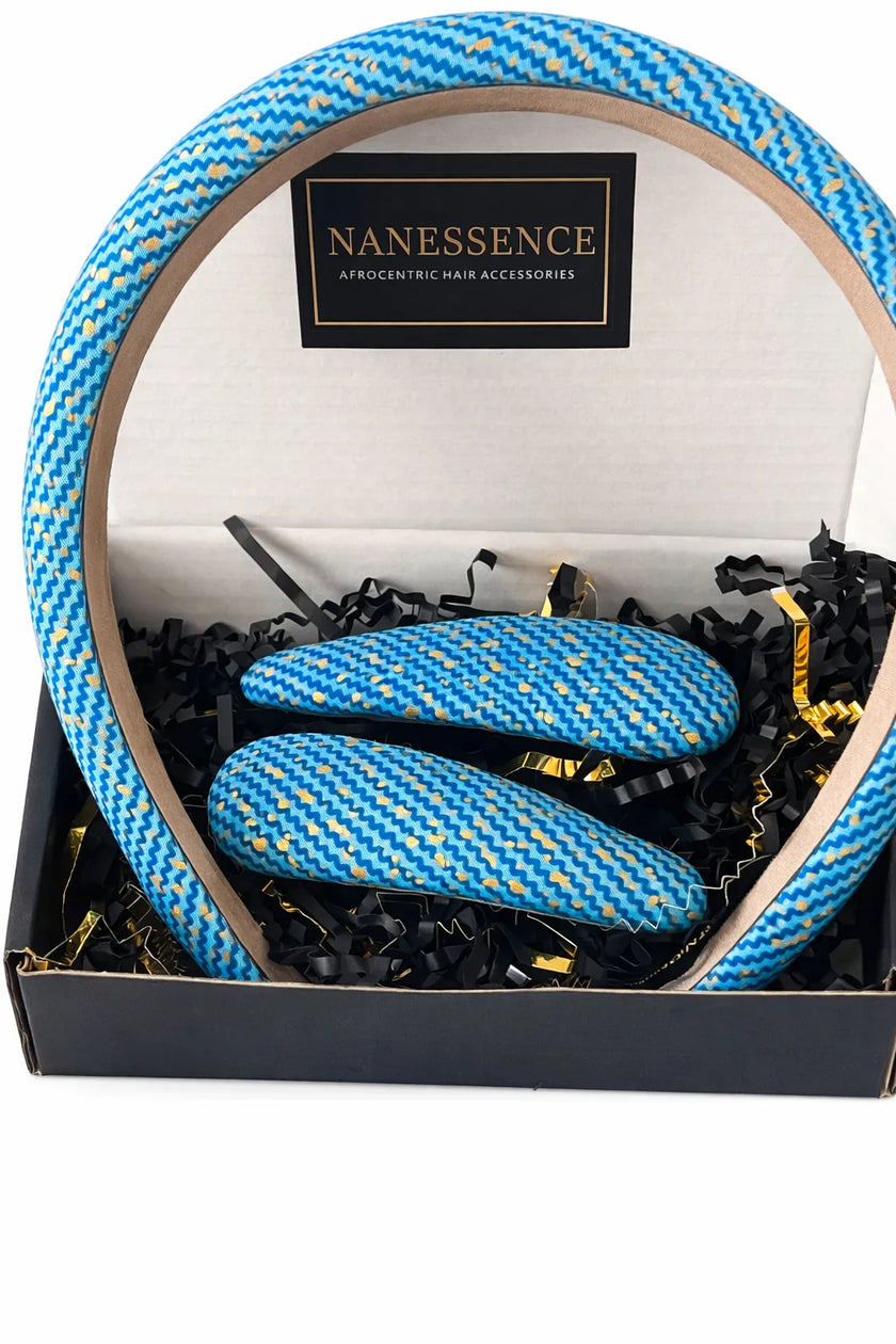 Blue and yellow patterned Afrocentric hair accessories set in gift box