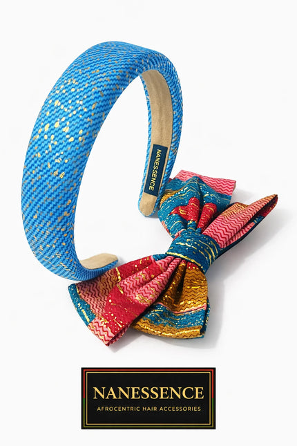 Colorful Afrocentric headband and bow hair accessories with vibrant patterns and gold accents.