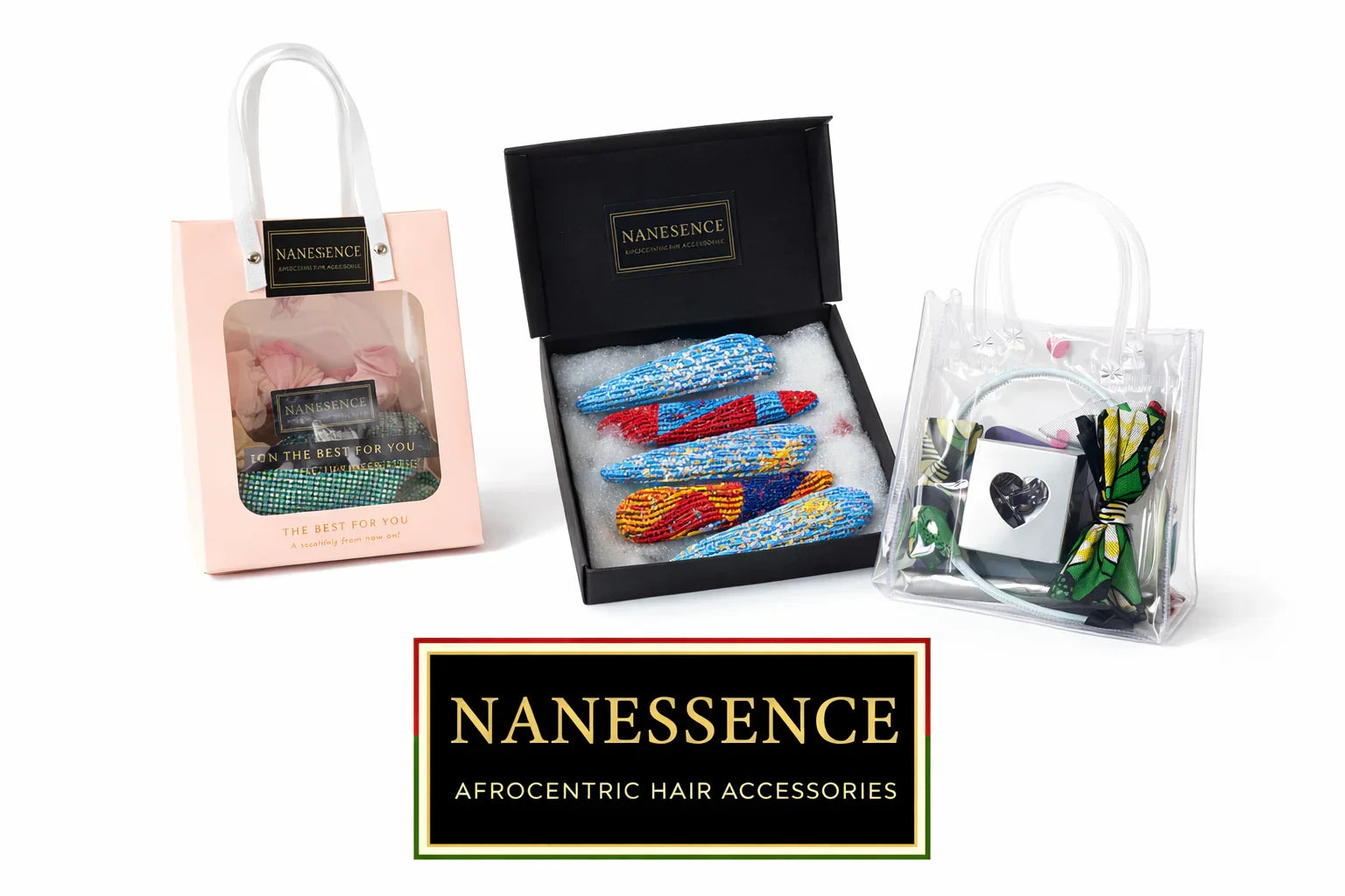 Gift sets of Afrocentric hair accessories in colorful packaging with bold patterns and box.