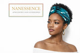 Woman wearing a blue Afrocentric headwrap and gold hoop earrings, promoting hair accessories