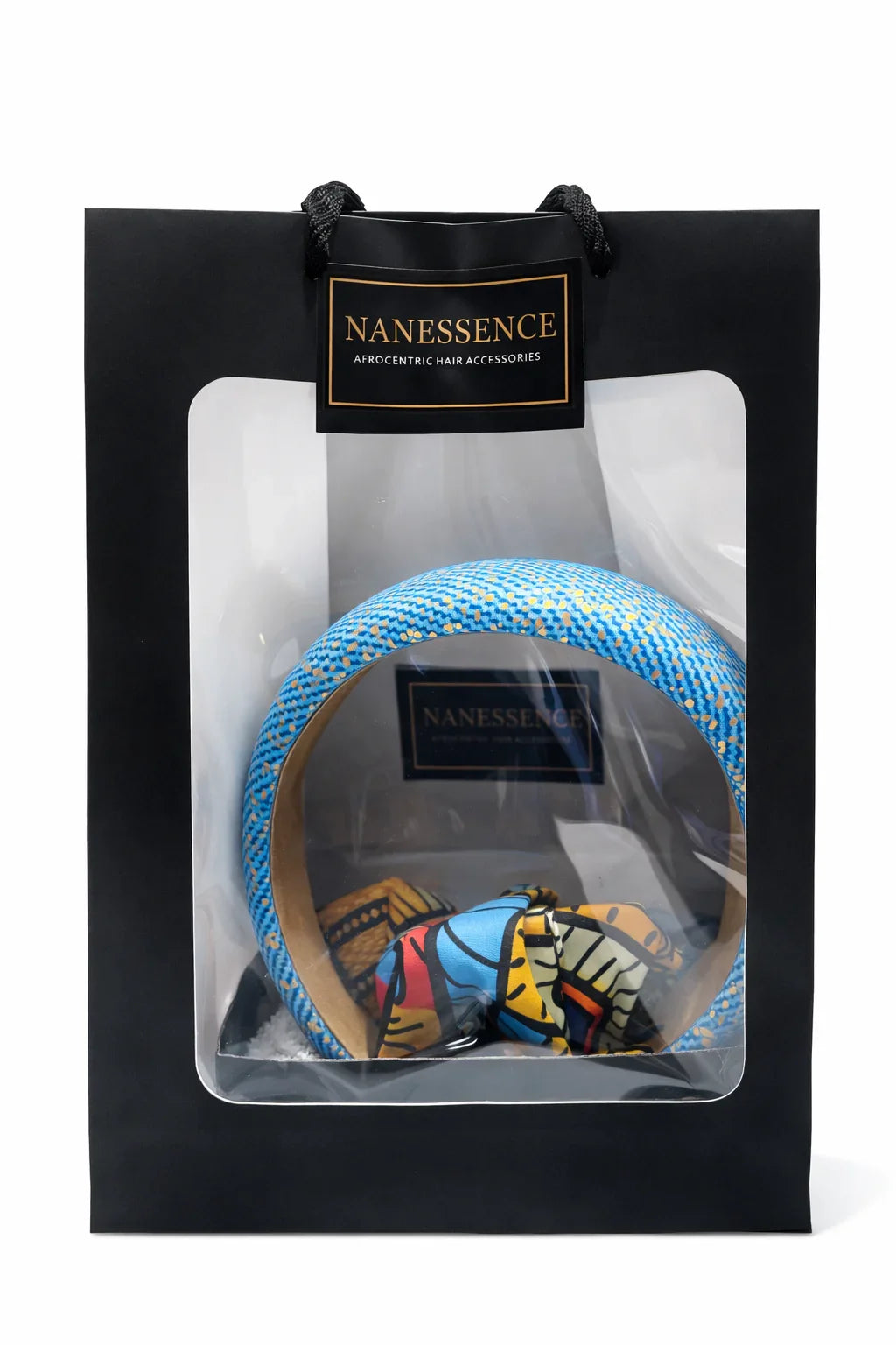 Afrocentric blue patterned bangle and multicolor headband in black gift bag with clear window