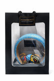 Afrocentric blue patterned bangle and multicolor headband in black gift bag with clear window