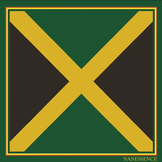 Jamaican flag design with green, black, and gold colors, Afrocentric style border, NANESSENCE text.