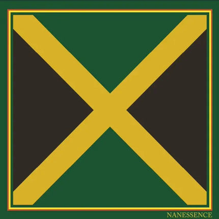 Jamaican flag design with green, black, and gold colors, Afrocentric style border, NANESSENCE text.