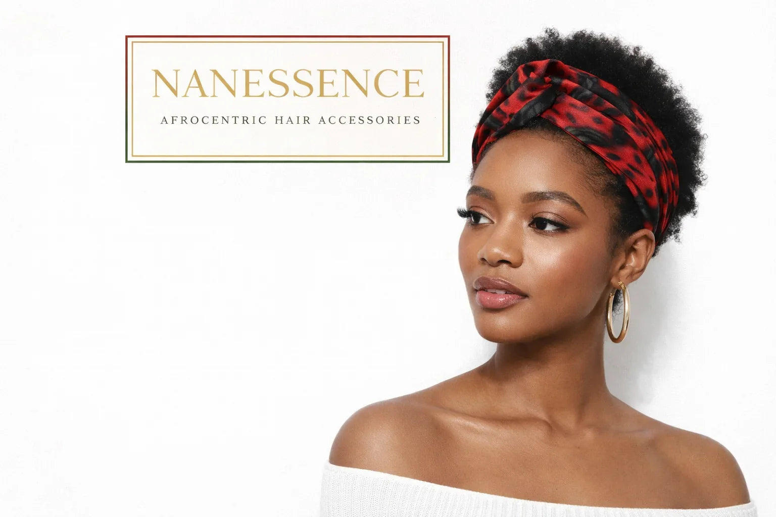 Woman with natural hair wearing red and black Afrocentric headband and hoop earrings
