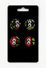 Set of four round Afrocentric fabric button earrings with googly eyes, red and yellow patterns on black backing card