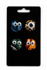 Set of four round Afrocentric fabric pins with googly eyes on a black display card