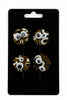 Afrocentric leopard print fabric button pins with googly eyes on black display card