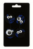 Afrocentric fabric earrings with blue and black patterns and googly eyes on display card
