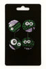 Set of four round Afrocentric fabric brooches with googly eyes on a display card
