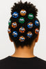 Afro hair adorned with colorful, Afrocentric fabric hair clips with googly eyes, back view