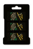 Handcrafted Afrocentric hairpins with green, yellow, and brown patterns, embellished with rhinestones, displayed on a black card.