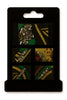 Handcrafted Afrocentric fabric earrings with gold glitter accents on a black display card