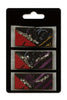 Set of three Afrocentric geometric hair clips with red, black, and purple patterns and rhinestone accents on display card