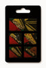 Set of Afrocentric fabric earrings with gold glitter, red, yellow, and black patterns on display card