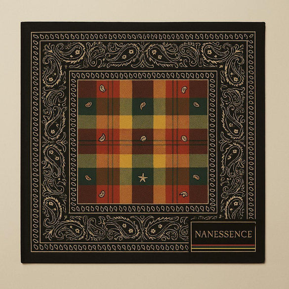 Afrocentric plaid scarf with paisley border, vibrant yellow, green, red, and black pattern